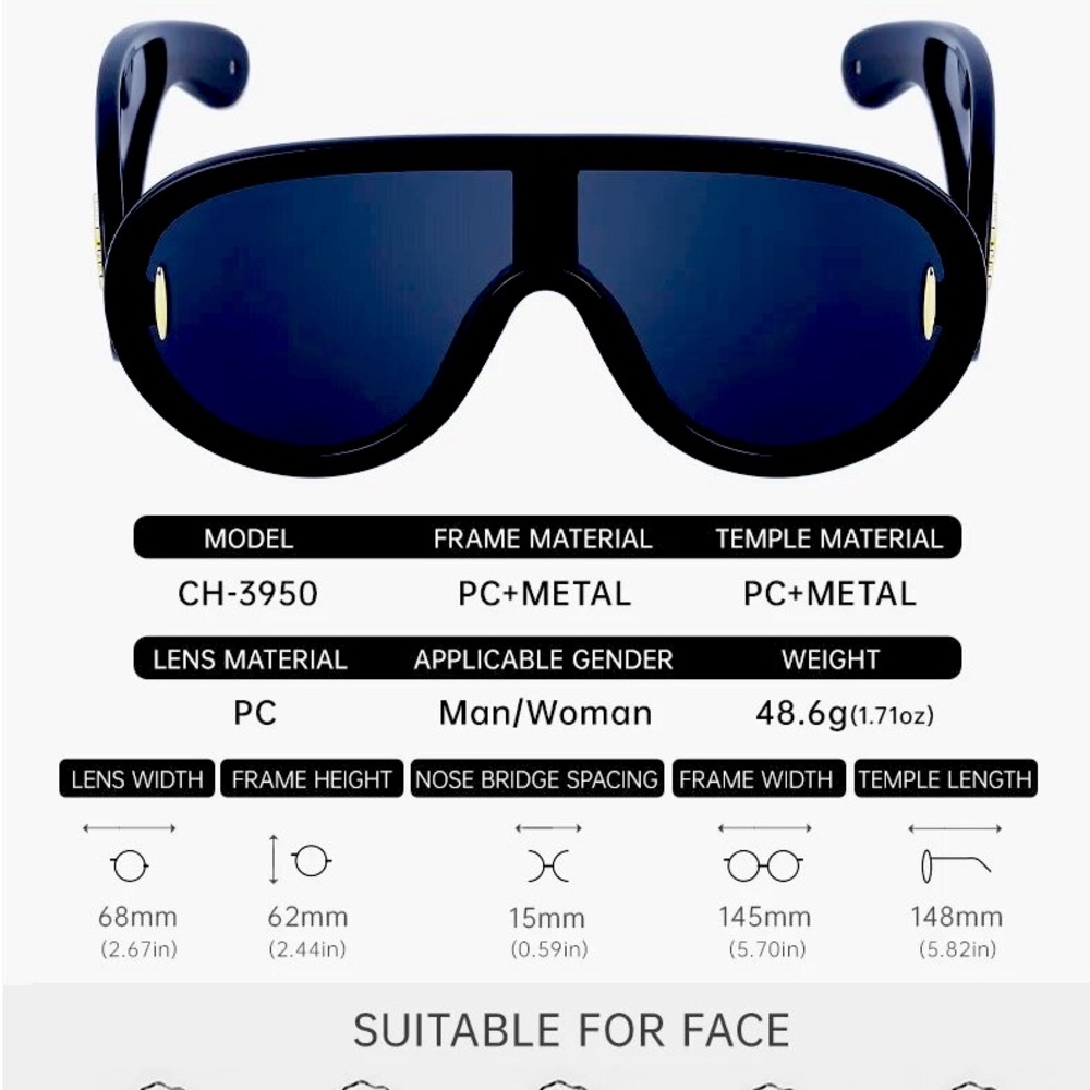 Black Luxury Wave Mask Cyberpunk Sunglasses - Oversized Eyewear Sun Protection - Picture 4 of 4